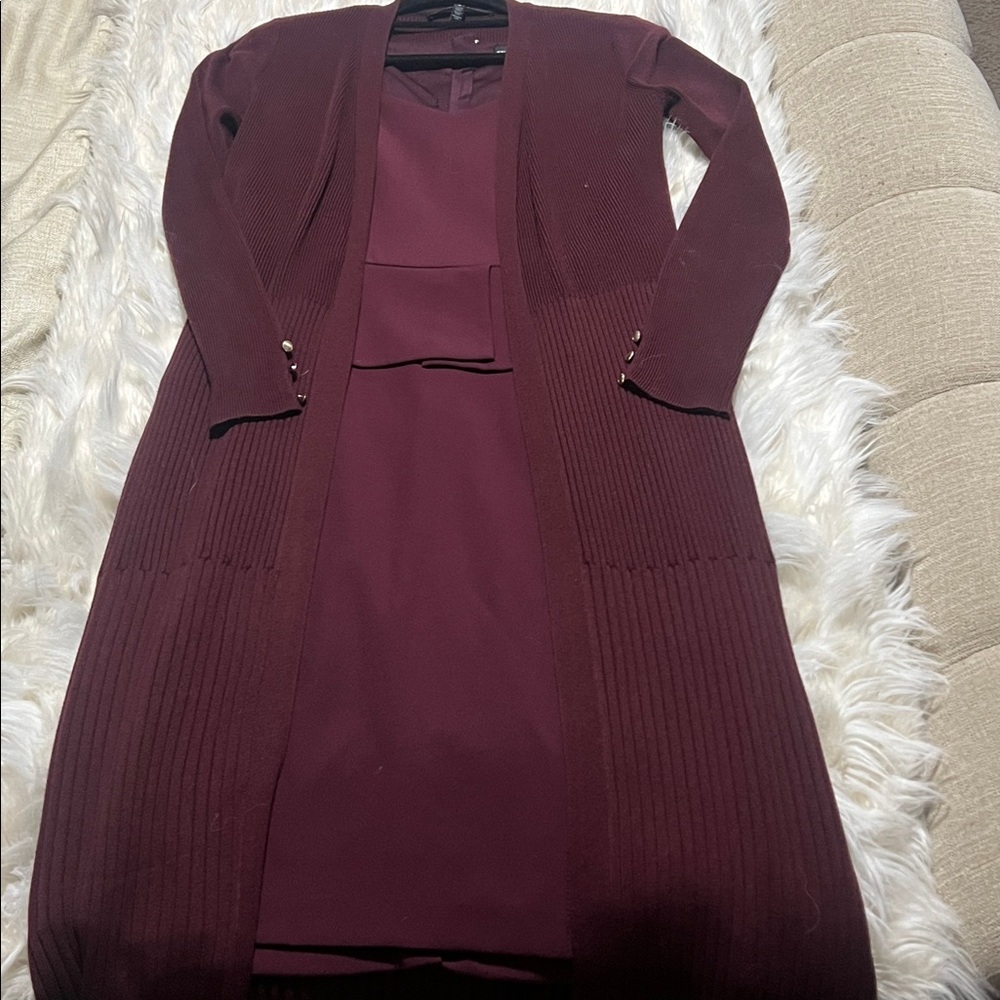 NWOT White House Black Market Burgundy Peplum Midi Dress with matching Duster